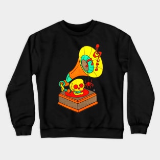 Creepy Gramophone - Retro Colored Vinyl Record Player With a Skull And a Spider Crewneck Sweatshirt